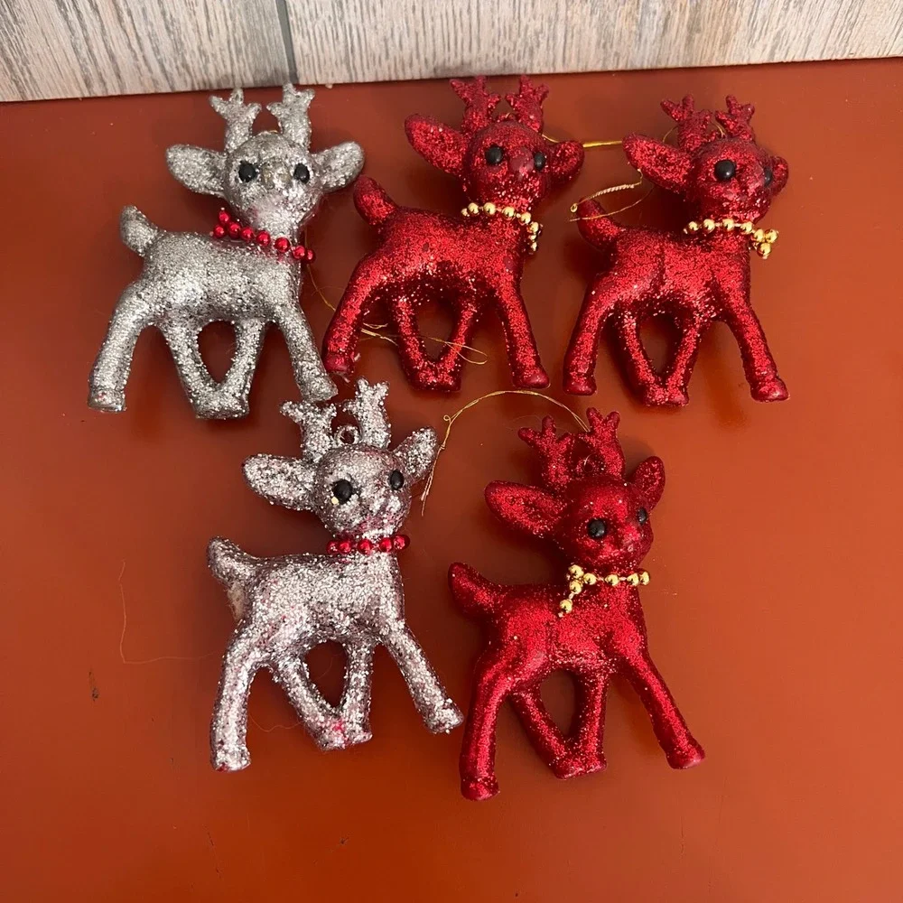 Vintage Glitter Reindeer Christmas Ornaments Set of 5 Red Silver 3 Inch